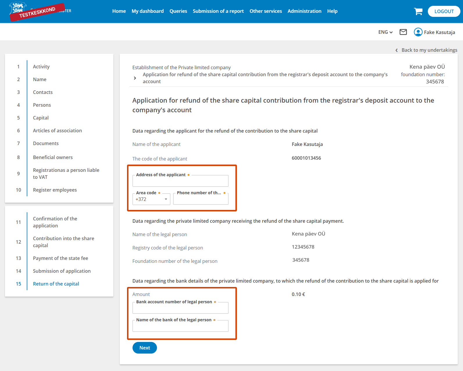 Share capital deposit return application - pre-filled