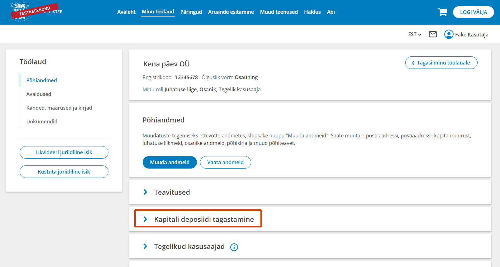 Kapitali deposiidi tagastamise plokk
