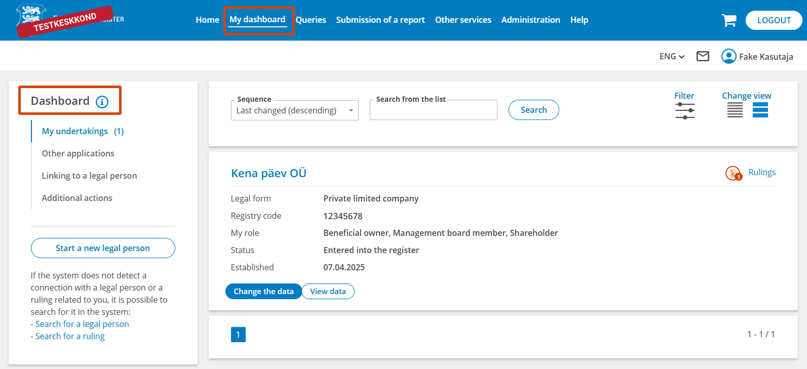 My dasboard view in e-Business Register