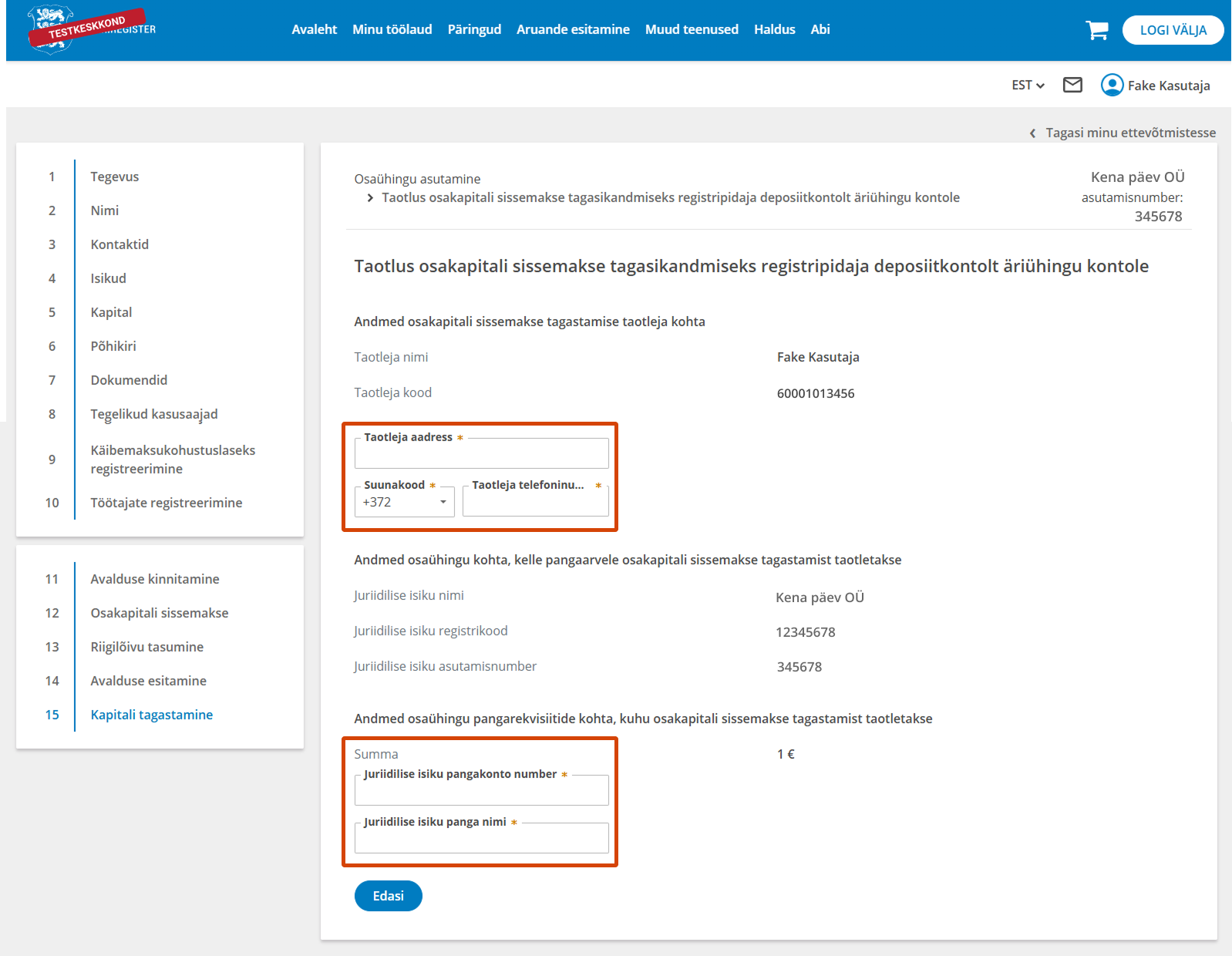 Deposiiti kantud osakapitali tagastamise avalduse täitmine