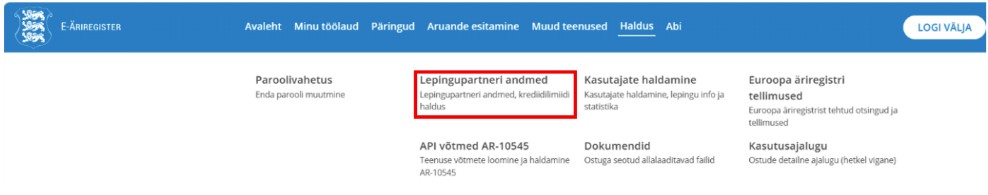 Menüüst valik lepingupartneri andmed