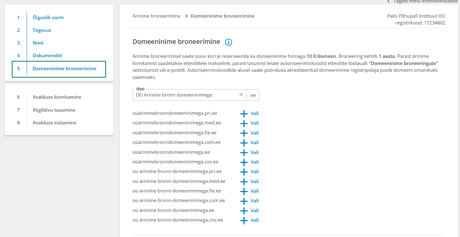 Avalduses domeeninime broneerimise vaade